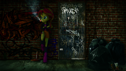 Size: 1920x1080 | Tagged: safe, artist:3d thread, artist:creatorofpony, edit, sunset shimmer, equestria girls, /mlp/, 3d, 3d model, against wall, beer, blender, boots, bottle, cigarette, clothes, graffiti, jacket, shirt, skirt, smoking, solo, trash, wallpaper