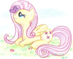 Size: 987x795 | Tagged: safe, artist:vertrev, fluttershy, butterfly, pegasus, pony, female, mare, pink mane, yellow coat