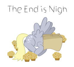 Size: 3600x3240 | Tagged: safe, artist:t-3000, derpy hooves, pegasus, pony, 2012 phenomenon, food, mayan apocalypse, muffin, paper bag, simple background, solo, the end is nigh, white background