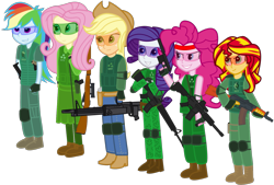 Size: 1443x978 | Tagged: safe, artist:totallynotabronyfim, applejack, fluttershy, pinkie pie, rainbow dash, rarity, sunset shimmer, equestria girls, airsoft, aks-74u, boots, gun, humane five, humane six, m16, m4, m4a1, m60, mosin nagant, safety goggles, shooting for friendship, trigger discipline