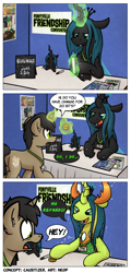 Size: 2000x4151 | Tagged: safe, artist:moemneop, queen chrysalis, oc, oc:neop, changedling, changeling, changeling queen, unicorn, bits, changedlingified, comic, convention, glowing horn, high res, levitation, magic, male, purified chrysalis, stallion, telekinesis, transformation