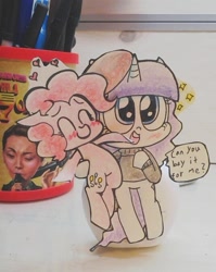 Size: 535x672 | Tagged: safe, artist:danadyu, pinkie pie, rarity, earth pony, pony, unicorn, beatnik rarity, beret, clothes, female, hat, lesbian, papercraft, raripie, shipping