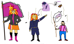 Size: 1256x754 | Tagged: safe, sunset shimmer, twilight sparkle, equestria girls, 1000 hours in ms paint, fedora, flag bearer, hasbro, hat, le happy merchant, ms paint