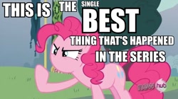 Size: 820x460 | Tagged: safe, edit, edited screencap, screencap, pinkie pie, earth pony, pony, magic duel, caption, downvote bait, hater, insult, no mouth, op is a cuck, op is trying to start shit, text