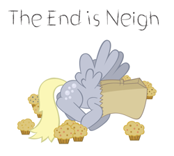 Size: 889x800 | Tagged: safe, artist:t-3000, edit, derpy hooves, pegasus, pony, 2012 phenomenon, food, mayan apocalypse, muffin, paper bag, pun, simple background, solo, the end is neigh, the end is nigh, white background