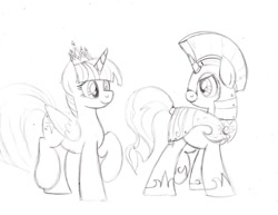 Size: 1017x786 | Tagged: safe, artist:drawponies, sunset shimmer, twilight sparkle, twilight sparkle (alicorn), alicorn, pony, armor, female, lesbian, mare, monochrome, new crown, royal guard, shipping, sketch, sunsetsparkle