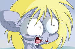 Size: 1000x665 | Tagged: safe, artist:extradan, derpy hooves, oc, oc:jerky hooves, pegasus, pony, bust, floppy ears, open mouth, portrait, shrunken pupils, solo, surprised, wide eyes