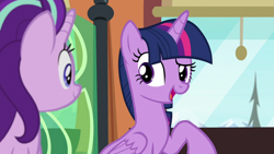 Size: 1280x720 | Tagged: safe, screencap, starlight glimmer, twilight sparkle, twilight sparkle (alicorn), alicorn, pony, the times they are a changeling, friendship express, sky, train, tree, window