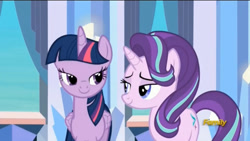 Size: 1280x720 | Tagged: safe, screencap, starlight glimmer, twilight sparkle, twilight sparkle (alicorn), alicorn, pony, the times they are a changeling, discovery family logo, lidded eyes
