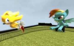 Size: 1280x800 | Tagged: safe, artist:rach-gmod-multiverse, derpibooru import, rainbow dash, pegasus, pony, 3d, crossover, gmod, sonic the hedgehog, sonic the hedgehog (series), super sonic