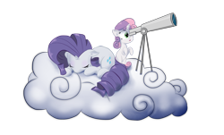 Size: 3307x2000 | Tagged: safe, artist:hereticofdune, rarity, sweetie belle, pony, unicorn, cloud, sleeping, telescope