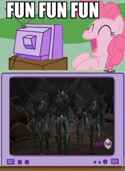 Size: 876x1200 | Tagged: safe, pinkie pie, earth pony, pony, exploitable meme, fun fun fun, hub logo, meme, roflbot, starscream, transformers, tv meme