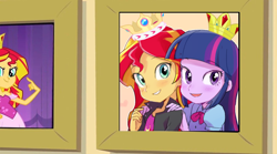 Size: 900x502 | Tagged: safe, artist:baekgup edits, edit, edited screencap, screencap, sunset shimmer, twilight sparkle, equestria girls, equestria girls (movie), crown, exploitable meme, female, good end, jewelry, lesbian, meme, prom queen meme, regalia, sharing, shipping, sunsetsparkle