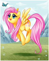 Size: 2040x2540 | Tagged: safe, artist:centchi, fluttershy, butterfly, pegasus, pony, female, mare, pink mane, yellow coat