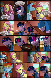 Size: 1280x1947 | Tagged: safe, artist:stuflox, derpibooru import, fluttershy, rainbow dash, twilight sparkle, twilight sparkle (alicorn), alicorn, pegasus, pony, comic:the count of monte rainbow, apple, clothes, comic, crossover, dagger, dialogue, dress, female, floppy ears, food, knife, mondego, monsparkle, rainbow dantes, shycedes, speech bubble, the count of monte cristo, the count of monte rainbow, underhoof, weapon