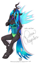 Size: 949x1500 | Tagged: source needed, safe, artist:nauticalsparrow, queen chrysalis, anthro, changeling, changeling queen, unguligrade anthro, devil horn (gesture), hand on hip, simple background, solo, tongue out, white background