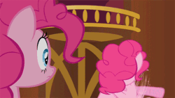 Size: 500x281 | Tagged: safe, screencap, pinkie pie, earth pony, pony, too many pinkie pies, animated, clone, duo, female, mare, multeity, pinkie blind, pinkie clone, too much pink energy is dangerous