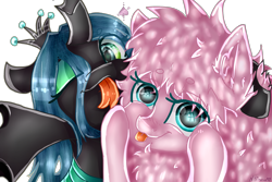 Size: 3000x2000 | Tagged: safe, artist:lavendermena, queen chrysalis, oc, oc:fluffle puff, changeling, changeling queen, pony, canon x oc, chrysipuff, female, fluffy, lesbian, looking at you, mare, one eye closed, selfie, shipping, signature, silly, silly pony, simple background, tongue out, transparent background, wink