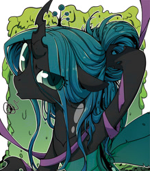 Size: 517x591 | Tagged: safe, artist:yukandasama, queen chrysalis, changeling, changeling queen, goo, alternate hairstyle, crown, cute, cutealis, horn, jewelry, regalia, ribbon, solo, wings