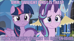 Size: 916x512 | Tagged: safe, edit, edited screencap, screencap, starlight glimmer, twilight sparkle, twilight sparkle (alicorn), alicorn, pony, the times they are a changeling, caption, image macro, looking at each other, meme