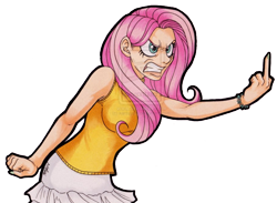 Size: 906x663 | Tagged: dead source, safe, artist:kantayeni, fluttershy, putting your hoof down, clothes, flutterbitch, humanized, middle finger, obtrusive watermark, skirt, vulgar, watermark