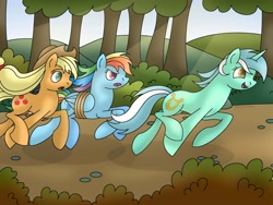 Size: 1024x768 | Tagged: safe, artist:lavenderrain24, derpibooru import, applejack, lyra heartstrings, rainbow dash, earth pony, pegasus, pony, unicorn, fall weather friends, bound wings, female, forest, mare, race, racing, rope, running, running of the leaves, winning