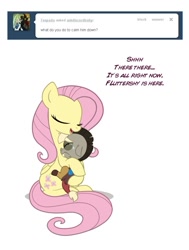 Size: 714x945 | Tagged: safe, artist:anima-dos, discord, fluttershy, draconequus, pegasus, pony, age regression, ask, ask baby discord, baby, baby discord, baby draconequus, comforting, cradling, crying, cute, dialogue, discute, duo, duo male and female, eyes closed, female, frown, hug, male, sad, simple background, smiling, tumblr, white background