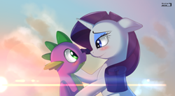 Size: 1841x1012 | Tagged: safe, artist:skyart301, rarity, spike, dragon, pony, unicorn, blushing, female, interspecies, male, shipping, sparity, straight