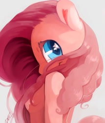 Size: 841x982 | Tagged: safe, artist:dhui, pinkie pie, anthro, aside glance, bust, colored pupils, cute, female, looking at you, looking back, portrait, sideways glance, signature, simple background, smiling, solo, starry eyes, white background, wingding eyes