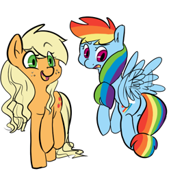 Size: 500x500 | Tagged: safe, artist:mt, applejack, rainbow dash, earth pony, pegasus, pony, alternate hairstyle, loose hair, mane swap, plot