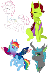 Size: 1024x1536 | Tagged: safe, artist:musicdove, pinkie pie, queen chrysalis, rainbow dash, oc, oc:princess aphidia, changedling, changeling, changeling queen, alternate universe, bust, changedlingified, changelingified, portrait, purified chrysalis, simple background, sitting, species swap, transparent background