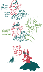 Size: 554x931 | Tagged: safe, artist:puddingskinmcgee, pharynx, queen chrysalis, thorax, changedling, changeling, changeling queen, to change a changeling, bush, comic, dialogue, female, king thorax, lineart, male, meme, parody, prince pharynx, sand guardian, simple background, vulgar, white background