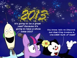 Size: 3288x2517 | Tagged: safe, artist:cartuneslover16, derpibooru import, twilight sparkle, 2013, animaniacs, crossover, dot warner, happy new year, ogo, robot and monster