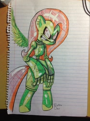 Size: 1936x2592 | Tagged: safe, artist:extradan, fluttershy, pegasus, pony, robot, photo, traditional art