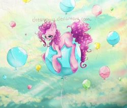 Size: 2600x2200 | Tagged: safe, artist:dream--chan, pinkie pie, earth pony, pony, alternate hairstyle, balloon, cloud, cloudy, solo, then watch her balloons lift her up to the sky