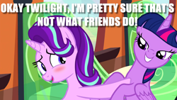 Size: 1280x720 | Tagged: safe, edit, edited screencap, screencap, starlight glimmer, twilight sparkle, twilight sparkle (alicorn), alicorn, pony, unicorn, the crystalling, blushing, caption, female, image macro, mare, meme, out of context, personal space invasion, shipping denied