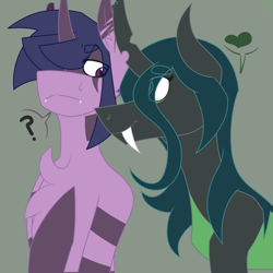 Size: 1688x1688 | Tagged: safe, artist:moonakart13, artist:moonaknight13, dusk shine, queen chrysalis, twilight sparkle, oc, oc:twilight night, changeling, changeling queen, coat markings, dusksalis, fangs, female, frown, heart, male, question mark, rule 63, shipping, smiling, twisalis