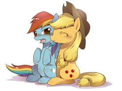 Size: 1600x1200 | Tagged: safe, artist:three, applejack, rainbow dash, earth pony, pegasus, pony, appledash, female, lesbian, licking, pixiv, shipping