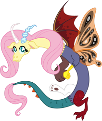 Size: 900x1061 | Tagged: safe, artist:zimvader42, fluttershy, bear, cockatrice, draconequus, dragon, griffon, manticore, rabbit, butterfly wings, chaos, draconequified, female, flutterequus, simple background, species swap, transparent background