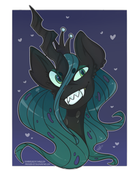 Size: 2200x2780 | Tagged: safe, artist:bunny-bitez, queen chrysalis, changeling, changeling queen, beanbrows, bust, crown, ear fluff, evil grin, eyebrows, eyebrows visible through hair, fangs, female, grin, heart, jewelry, looking at you, portrait, regalia, sharp teeth, signature, smiling, solo, teeth