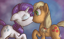 Size: 1024x622 | Tagged: safe, artist:waywardtrail, artist:zestyoranges, applejack, rarity, earth pony, pony, unicorn, female, kissing, lesbian, rarijack, shipping