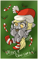 Size: 627x956 | Tagged: safe, artist:velexane, derpy hooves, pegasus, pony, candy cane, christmas, clothes, cookie, female, hat, holly, mare, santa hat, stockings