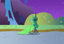 Size: 10803x7492 | Tagged: safe, artist:kirbymlp, idw, queen chrysalis, reversalis, changeling, changeling queen, reflections, absurd resolution, bush, butterfly wings, clothes, dress, duchess chrysalis, flower, gala, glasses, grand galloping gala, grass, hill, love, mirror universe, mountain, night, night sky, queen, sky, slippers, stars, tree, waterfall