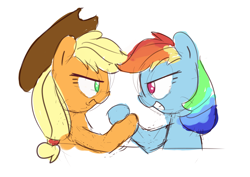 Size: 3507x2480 | Tagged: dead source, safe, artist:aemantaslim, derpibooru import, applejack, rainbow dash, earth pony, pegasus, pony, arm wrestling, atg 2017, duo, newbie artist training grounds, simple background, white background