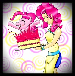 Size: 1540x1548 | Tagged: safe, artist:davidvega123, pinkie pie, cake, humanized, pop out cake, surprise cake