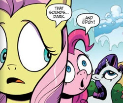 Size: 290x243 | Tagged: safe, artist:andypriceart, idw, fluttershy, pinkie pie, rarity, earth pony, pegasus, pony, unicorn, the return of queen chrysalis, :o, bust, edgy, female, frown, looking back, looking up, mare, official comic, open mouth, portrait, speech bubble, wide eyes