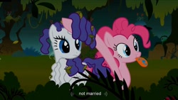 Size: 1176x662 | Tagged: safe, screencap, pinkie pie, rarity, earth pony, pony, unicorn, bridle gossip, hairity, spitty pie, youtube caption