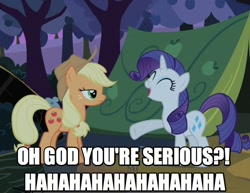 Size: 764x590 | Tagged: safe, screencap, applejack, rarity, earth pony, pony, unicorn, sisterhooves social, caption, image macro, reaction image, tent