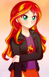 Size: 687x1065 | Tagged: safe, artist:iyumei, sunset shimmer, equestria girls, clothes, cute, human coloration, jacket, leather jacket, shimmerbetes, skirt, solo