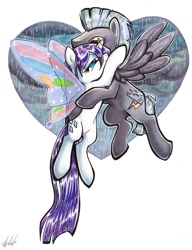 Size: 691x900 | Tagged: dead source, safe, artist:lizspit, rarity, thunderlane, pegasus, pony, unicorn, alternate hairstyle, bedroom eyes, featured on derpibooru, female, flying, glimmer wings, heart, hug, male, rain, rarilane, shipping, smiling, spread wings, straight, traditional art, wet, wet mane, wet mane rarity, wings